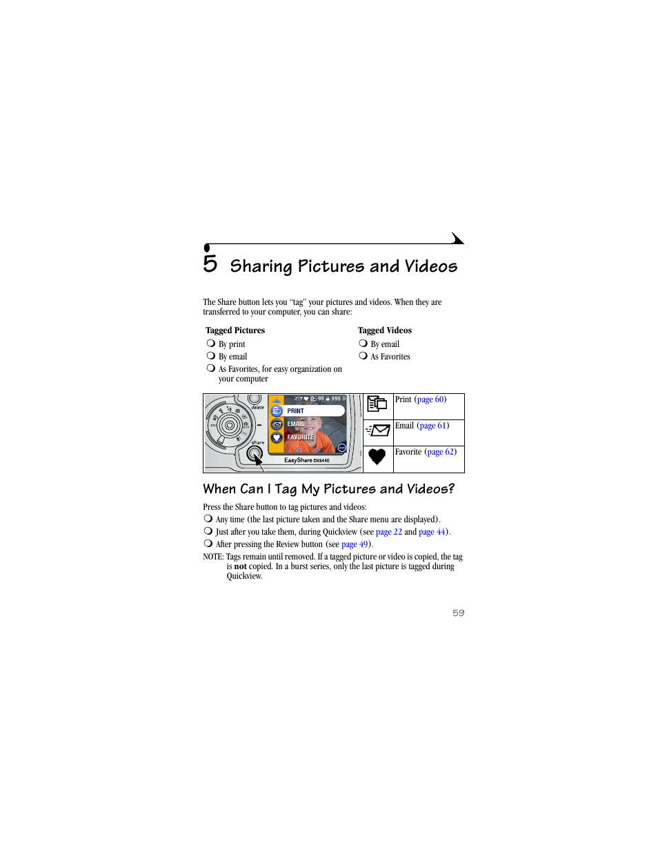 5 sharing pictures and videos, When can i tag my pictures and videos, Sharing pictures and videos | Kodak DX6440 User Manual | Page 71 / 134