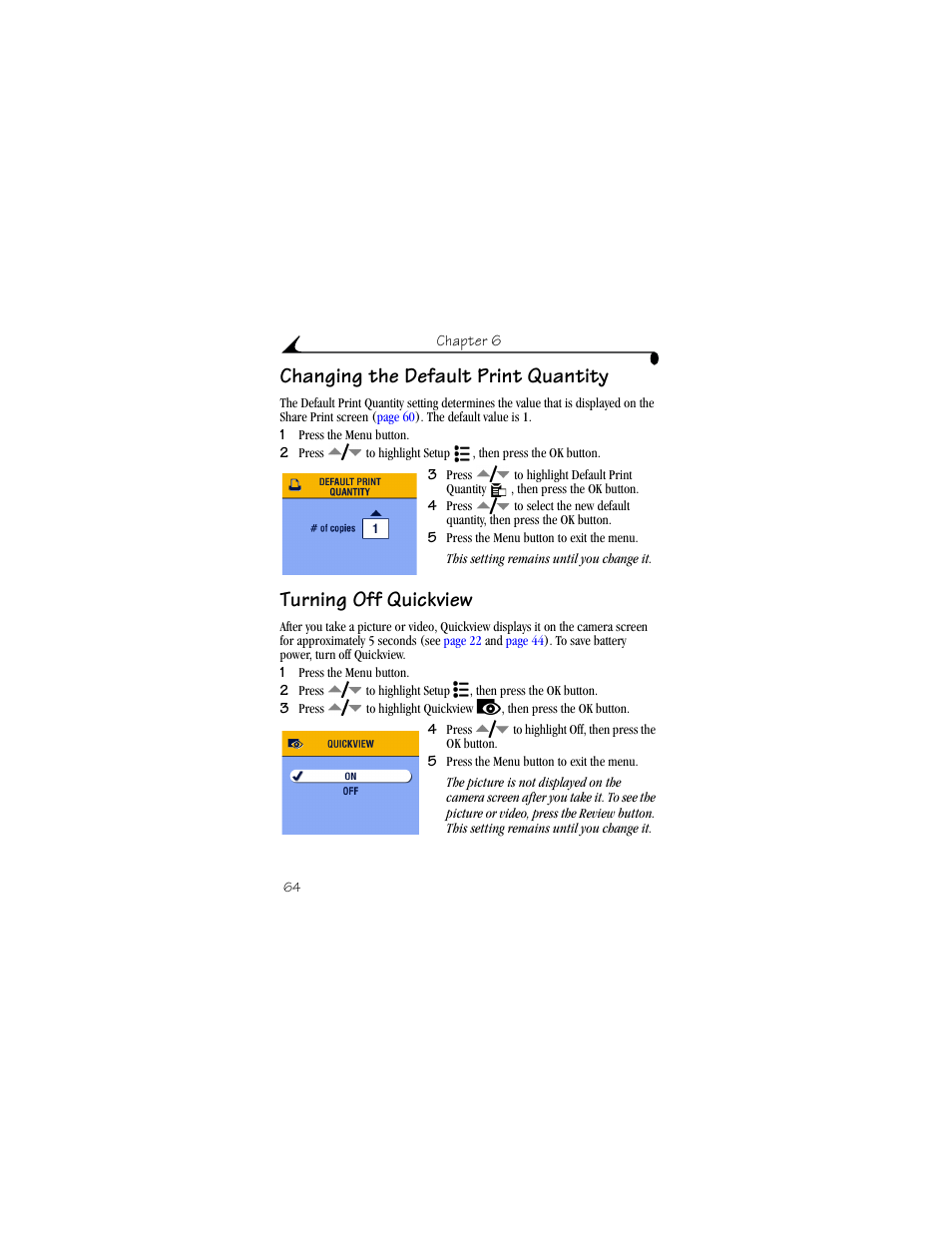 Changing the default print quantity, Turning off quickview | Kodak DX6440 User Manual | Page 76 / 134