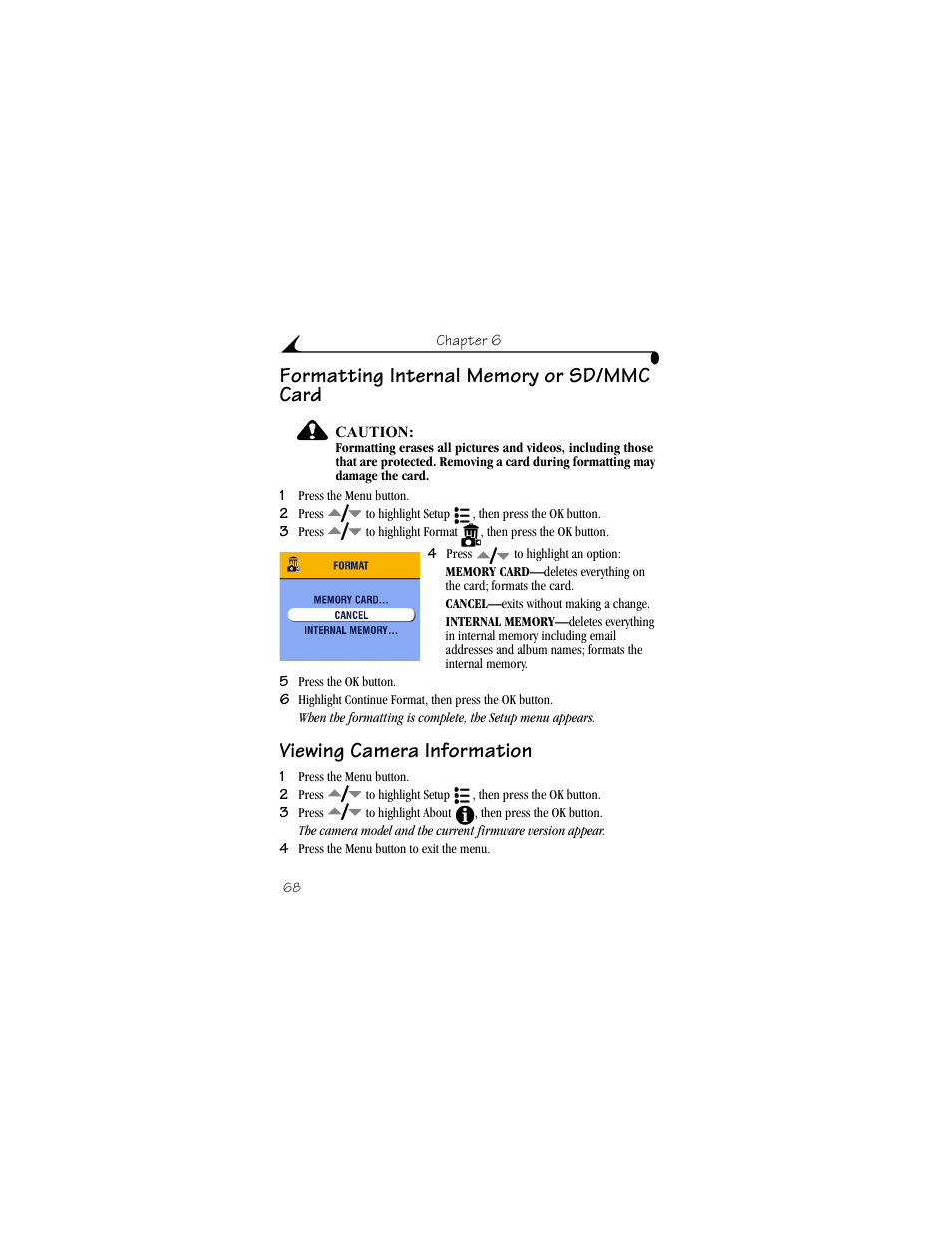 Formatting internal memory or sd/mmc card, Viewing camera information | Kodak DX6440 User Manual | Page 80 / 134