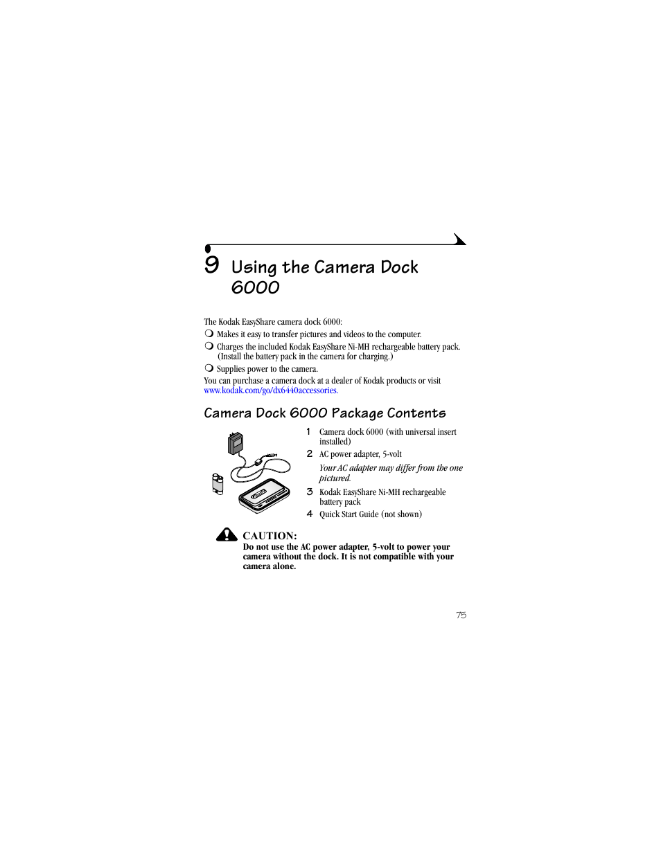 9 using the camera dock 6000, Camera dock 6000 package contents, Using the camera dock 6000 | Kodak DX6440 User Manual | Page 87 / 134