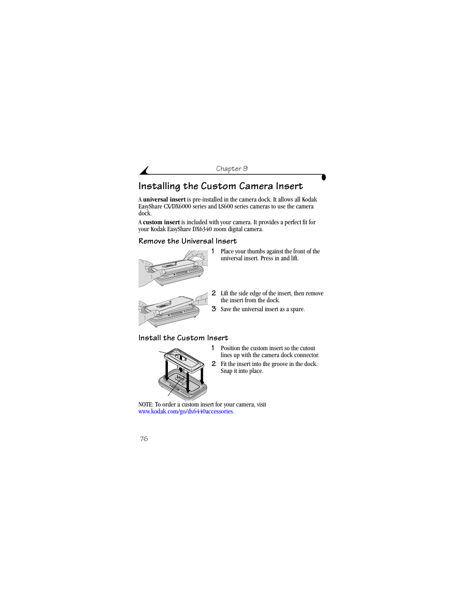 Installing the custom camera insert, Remove the universal insert, Install the custom insert | Kodak DX6440 User Manual | Page 88 / 134