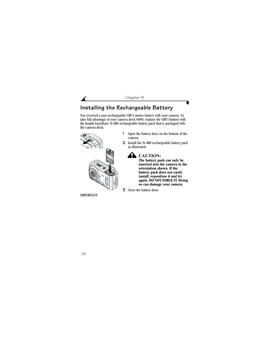 Installing the rechargeable battery, Chapter 9, Caution | Open the battery door on the bottom of the camera | Kodak DX6440 User Manual | Page 90 / 134
