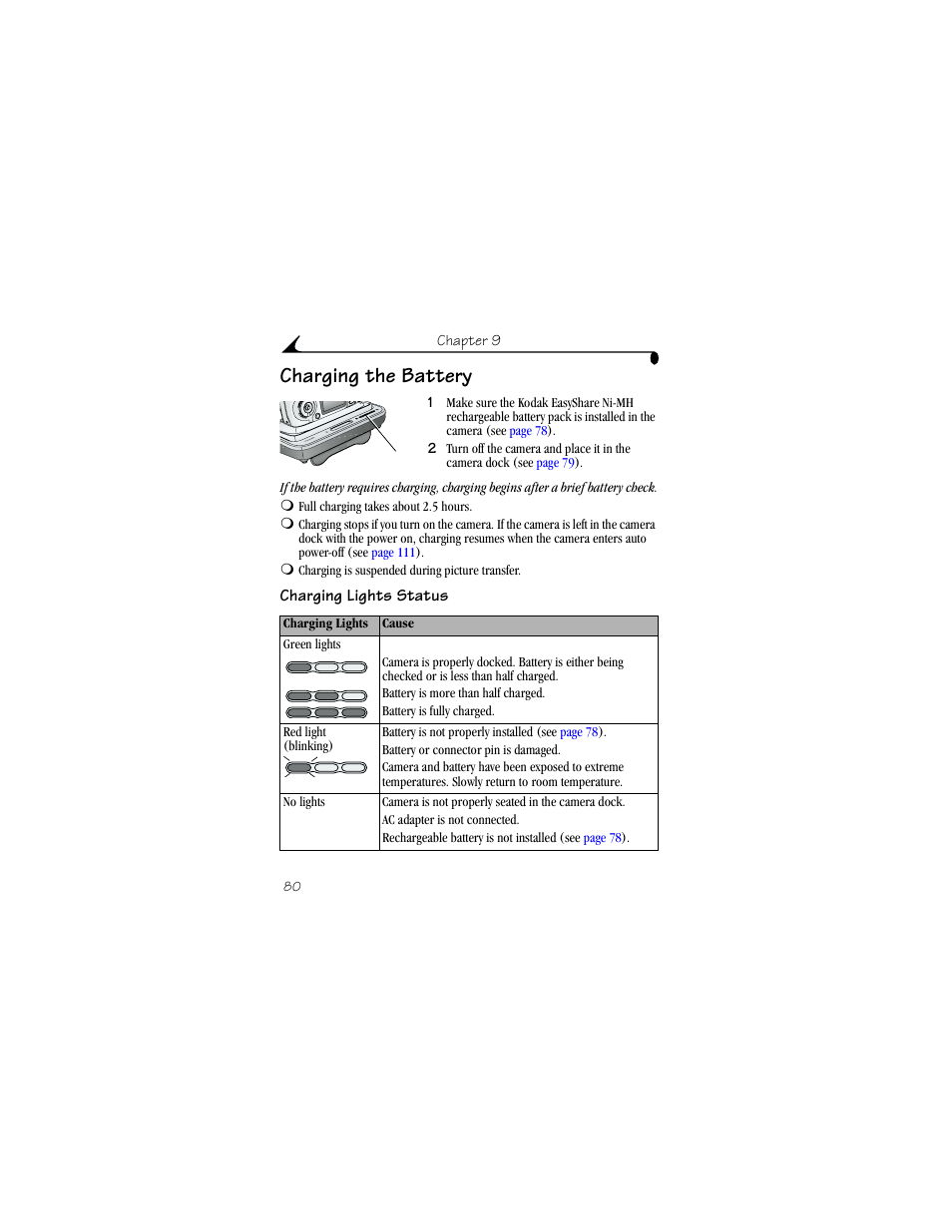 Charging the battery, Charging lights status | Kodak DX6440 User Manual | Page 92 / 134