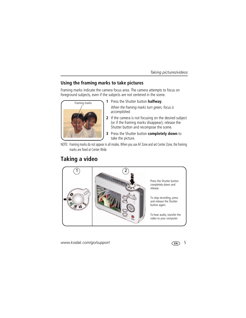 Using the framing marks to take pictures, Taking a video | Kodak EASYSHARE C813 User Manual | Page 11 / 70