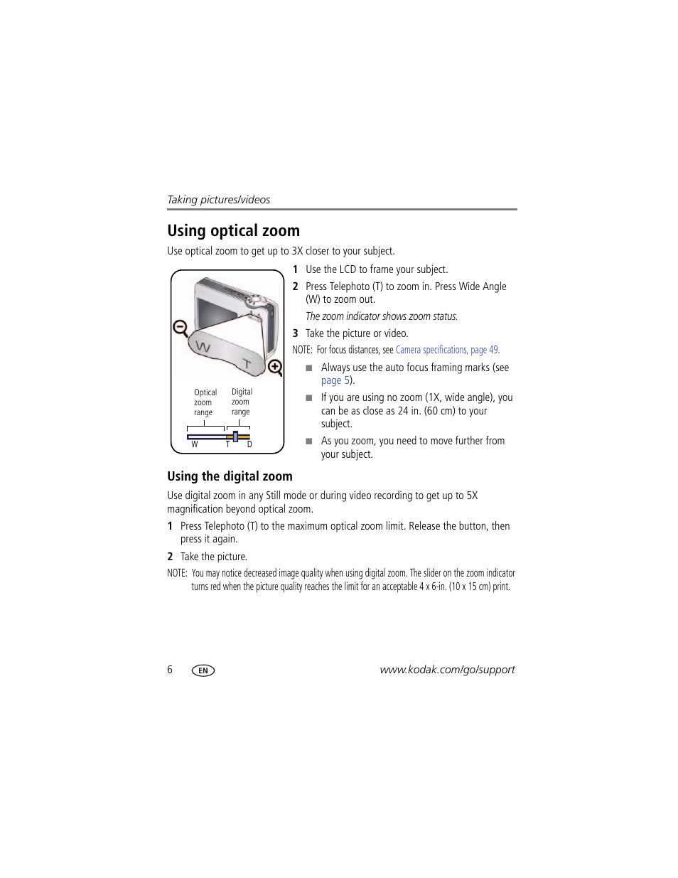 Using optical zoom, Using the digital zoom | Kodak EASYSHARE C813 User Manual | Page 12 / 70