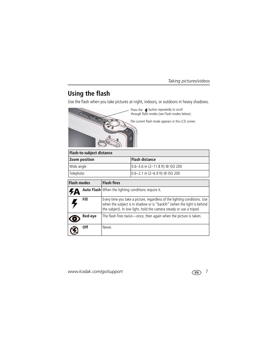 Using the flash | Kodak EASYSHARE C813 User Manual | Page 13 / 70