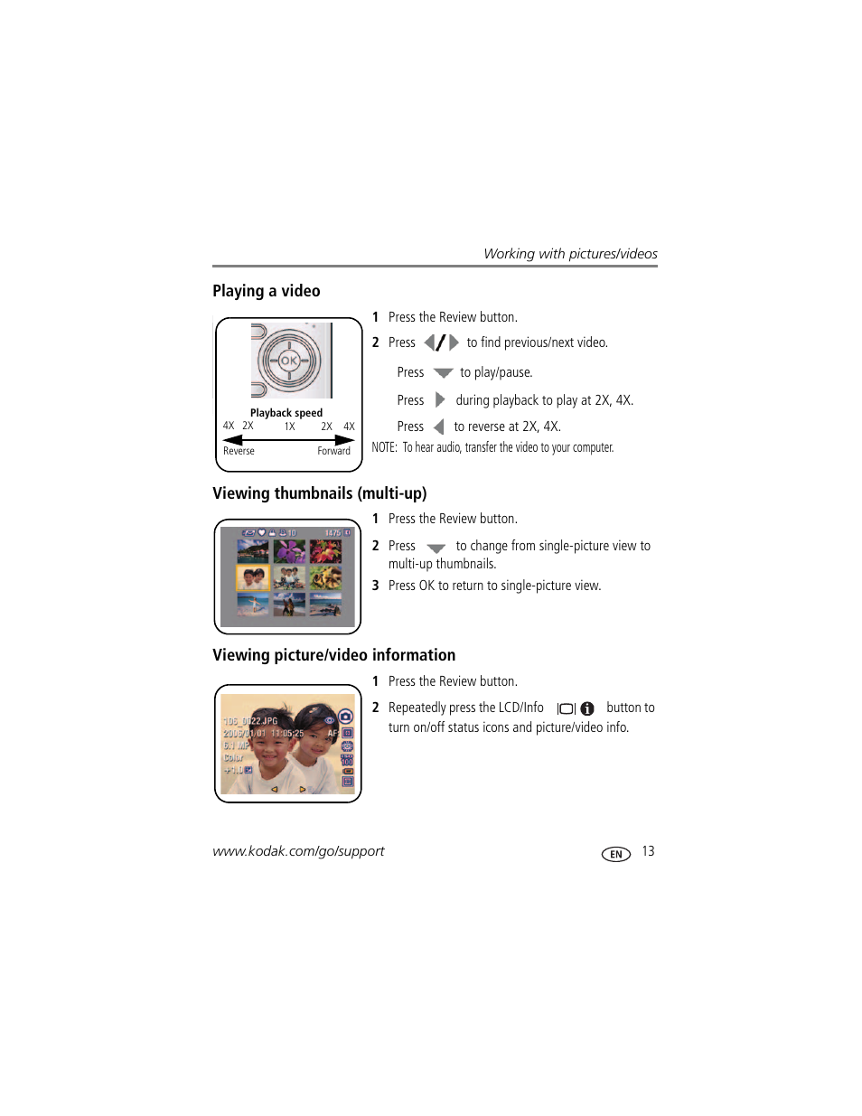 Playing a video, Viewing thumbnails (multi-up), Viewing picture/video information | Kodak EASYSHARE C813 User Manual | Page 19 / 70