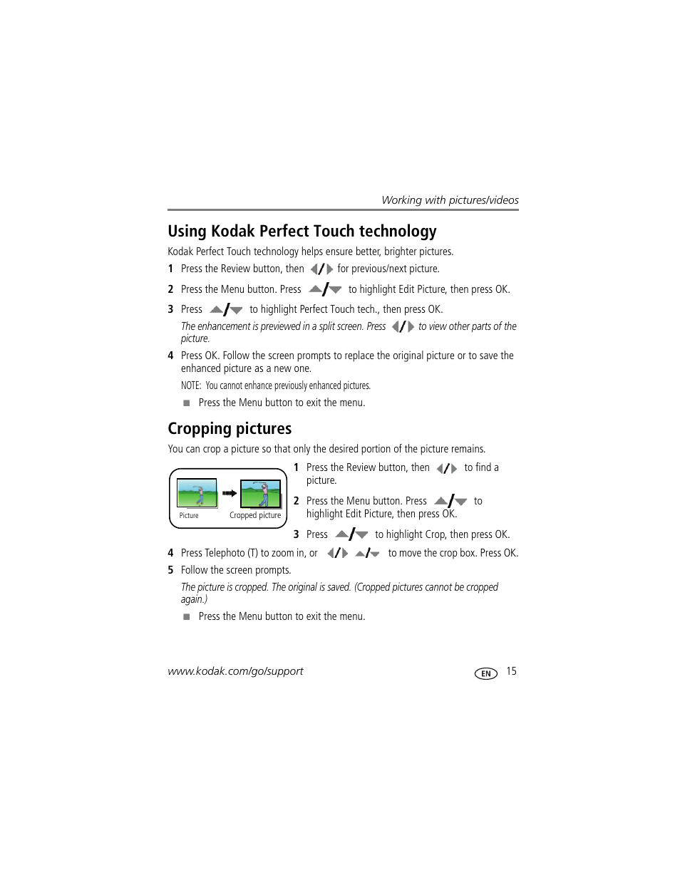 Using kodak perfect touch technology, Cropping pictures | Kodak EASYSHARE C813 User Manual | Page 21 / 70