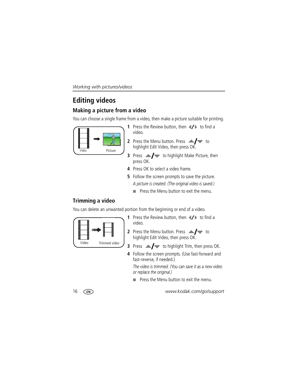 Editing videos, Making a picture from a video, Trimming a video | Kodak EASYSHARE C813 User Manual | Page 22 / 70