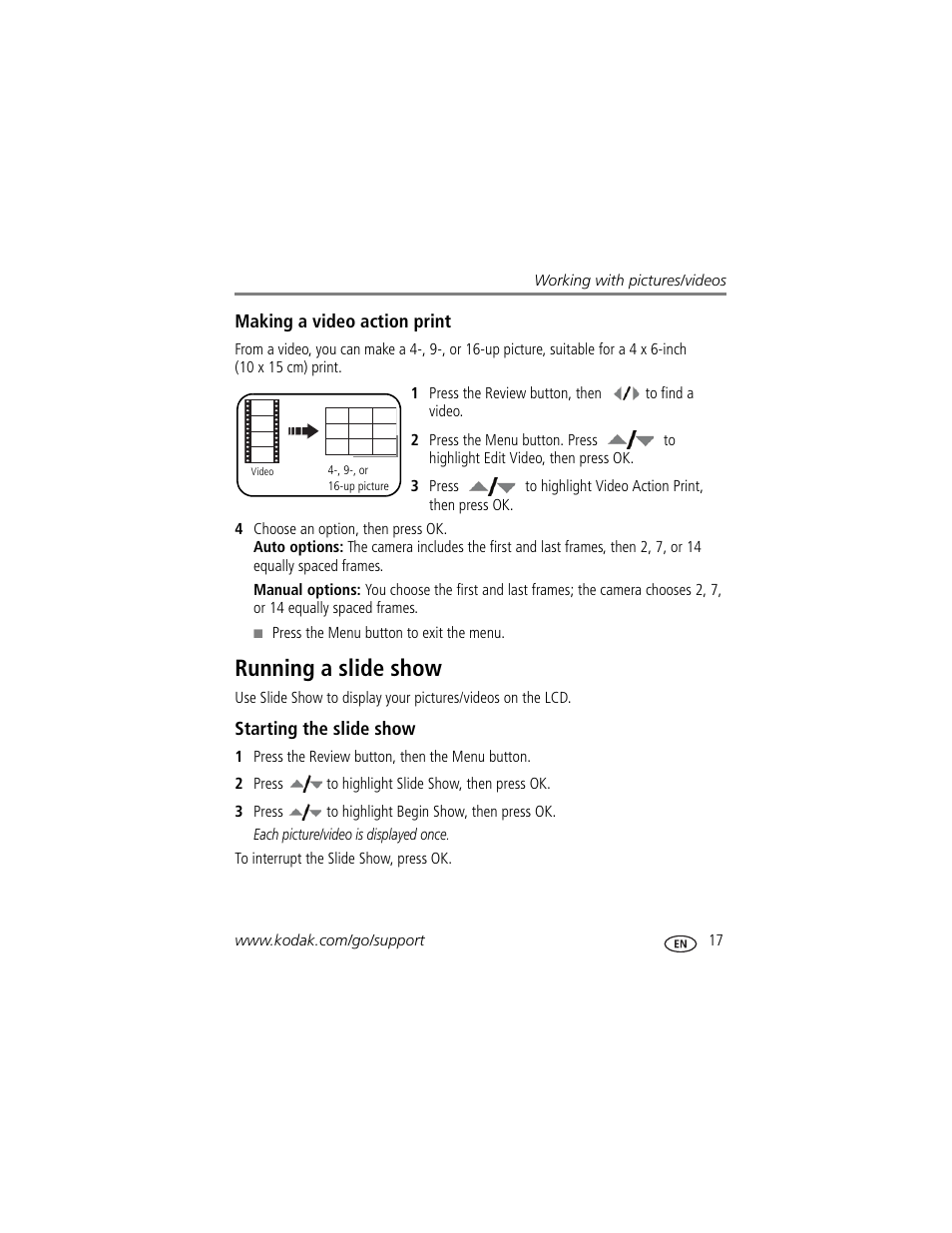 Making a video action print, Running a slide show, Starting the slide show | Kodak EASYSHARE C813 User Manual | Page 23 / 70