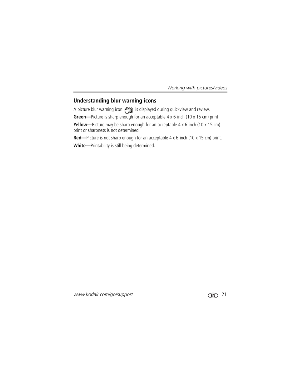Understanding blur warning icons | Kodak EASYSHARE C813 User Manual | Page 27 / 70