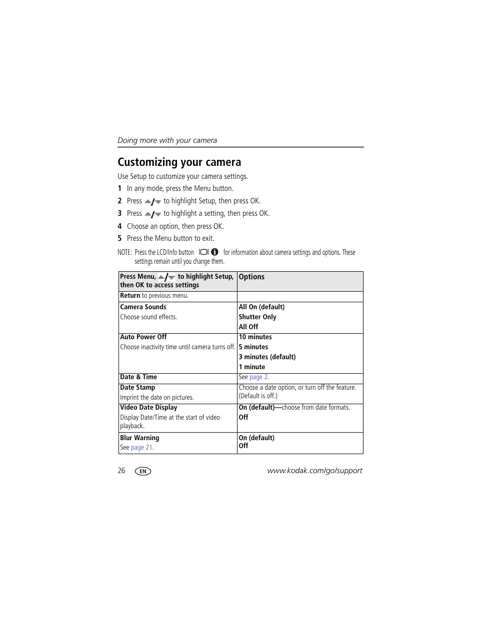 Customizing your camera | Kodak EASYSHARE C813 User Manual | Page 32 / 70
