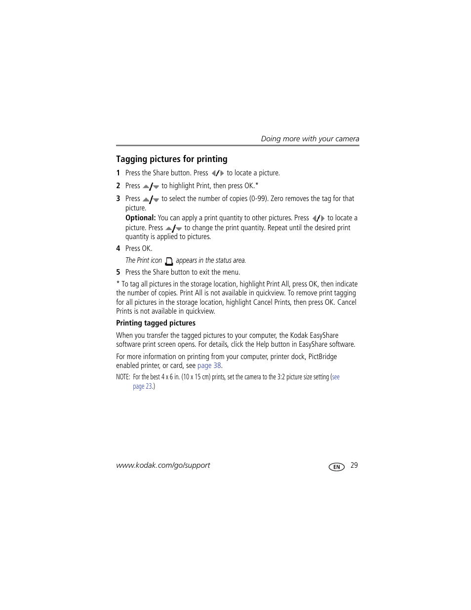 Tagging pictures for printing, Printing tagged pictures | Kodak EASYSHARE C813 User Manual | Page 35 / 70