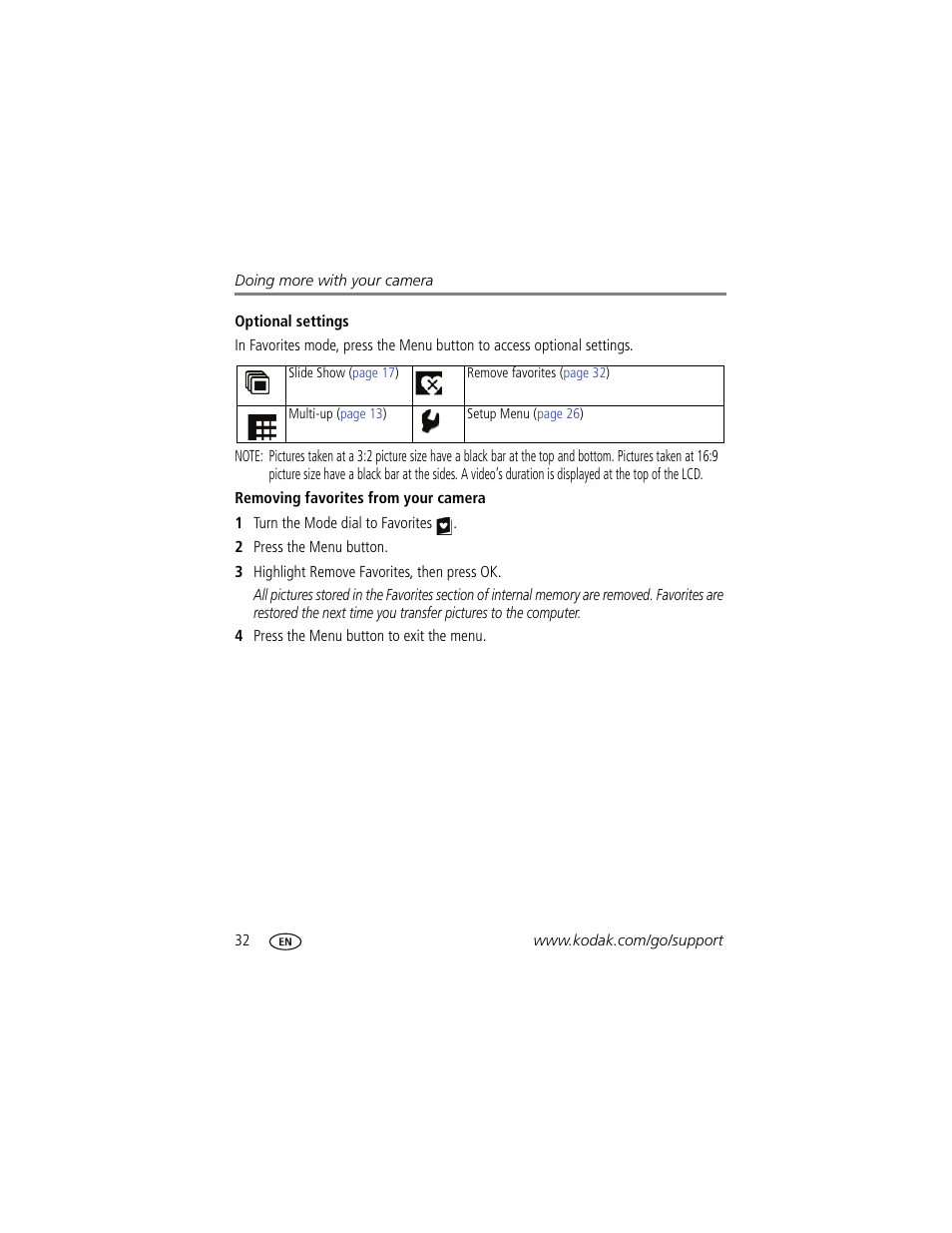 Optional settings, Removing favorites from your camera | Kodak EASYSHARE C813 User Manual | Page 38 / 70