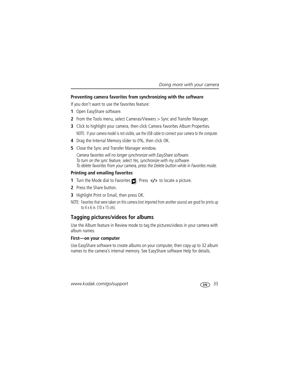 Printing and emailing favorites, Tagging pictures/videos for albums, First—on your computer | Kodak EASYSHARE C813 User Manual | Page 39 / 70