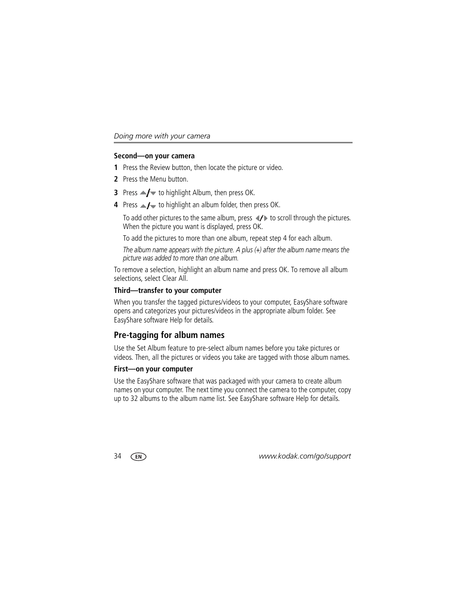 Second—on your camera, Third—transfer to your computer, Pre-tagging for album names | First—on your computer | Kodak EASYSHARE C813 User Manual | Page 40 / 70