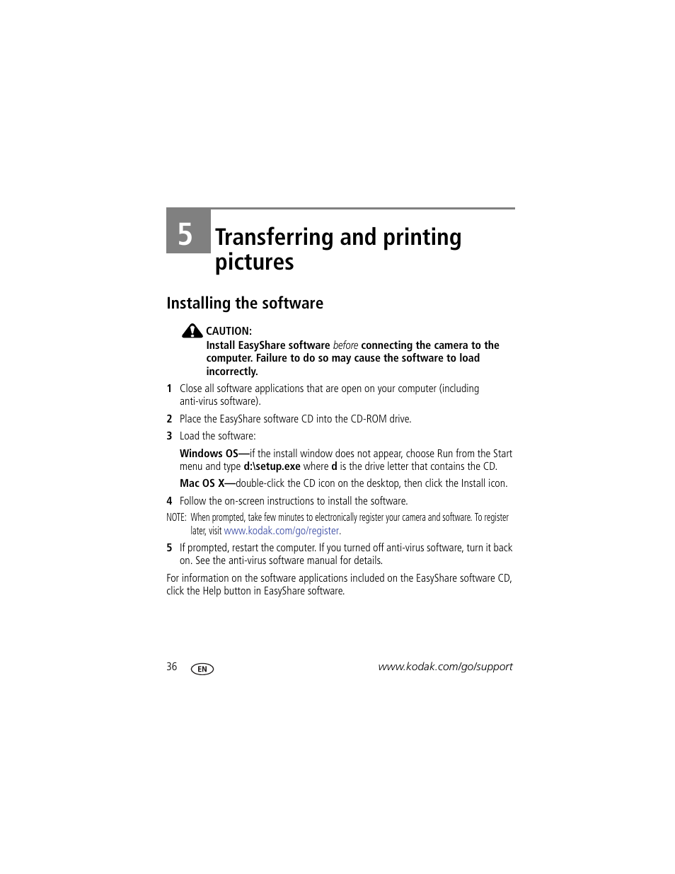 Transferring and printing pictures, Installing the software, 5 transferring and printing pictures | Kodak EASYSHARE C813 User Manual | Page 42 / 70