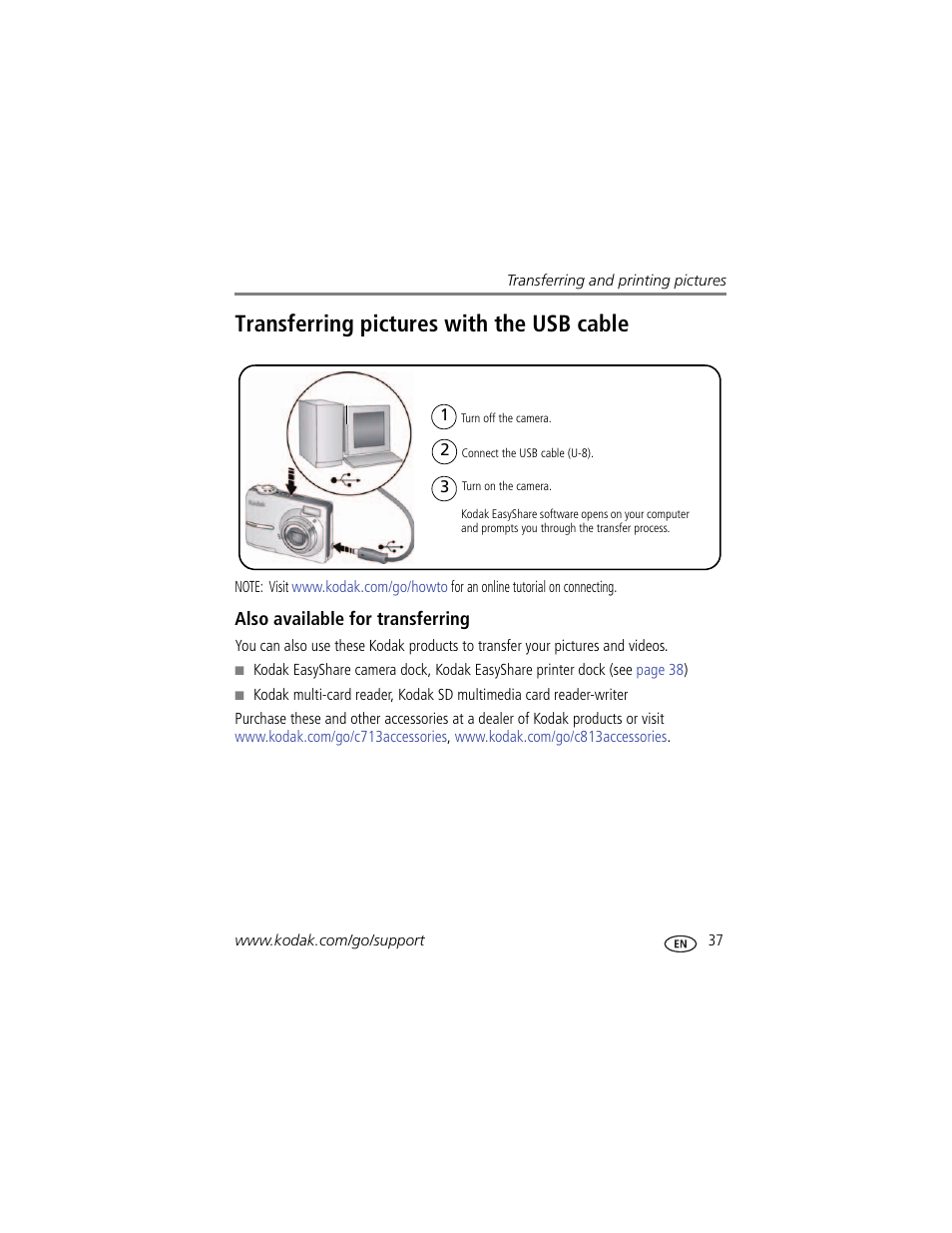 Transferring pictures with the usb cable, Also available for transferring | Kodak EASYSHARE C813 User Manual | Page 43 / 70