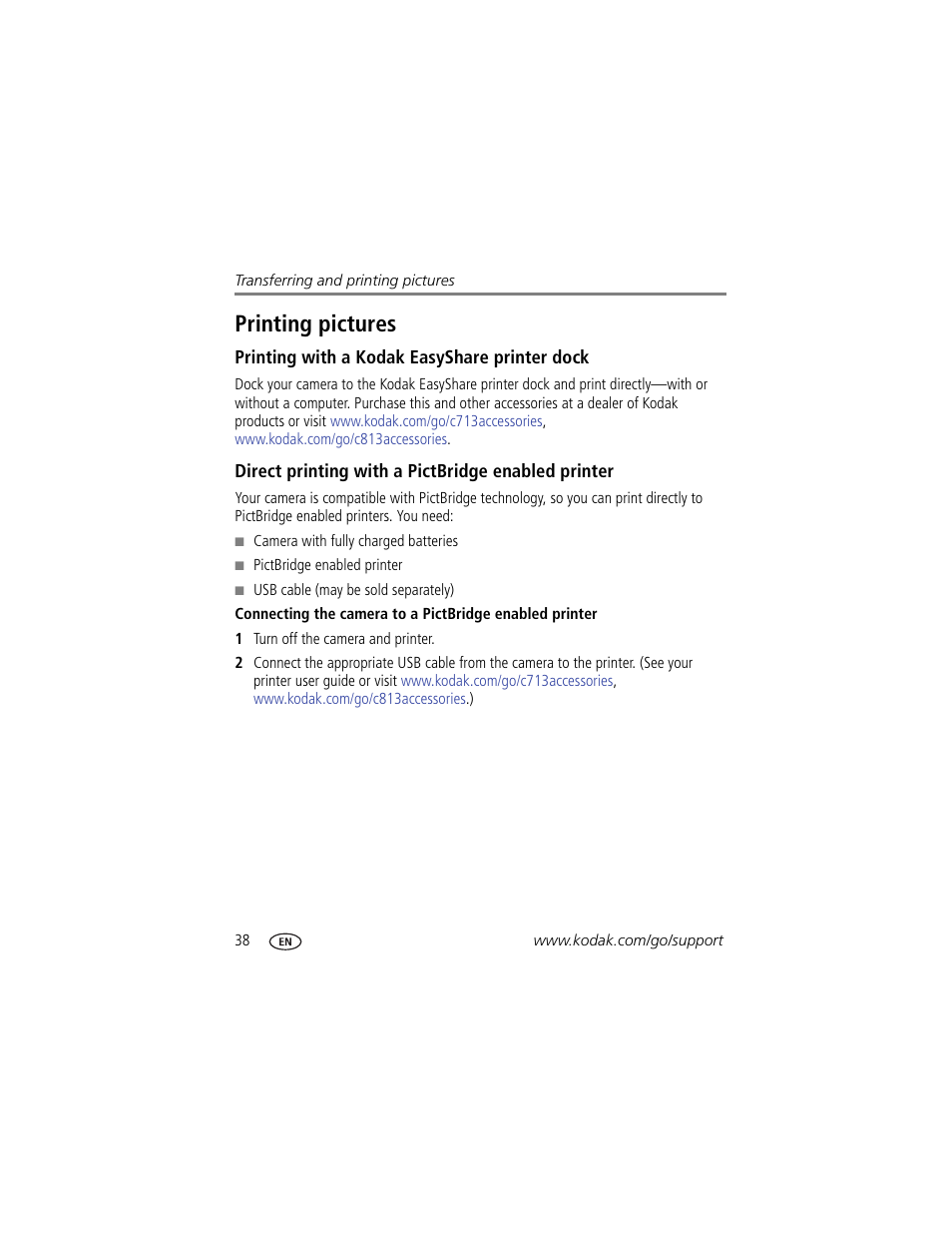 Printing pictures, Printing with a kodak easyshare printer dock, Direct printing with a pictbridge enabled printer | Kodak EASYSHARE C813 User Manual | Page 44 / 70