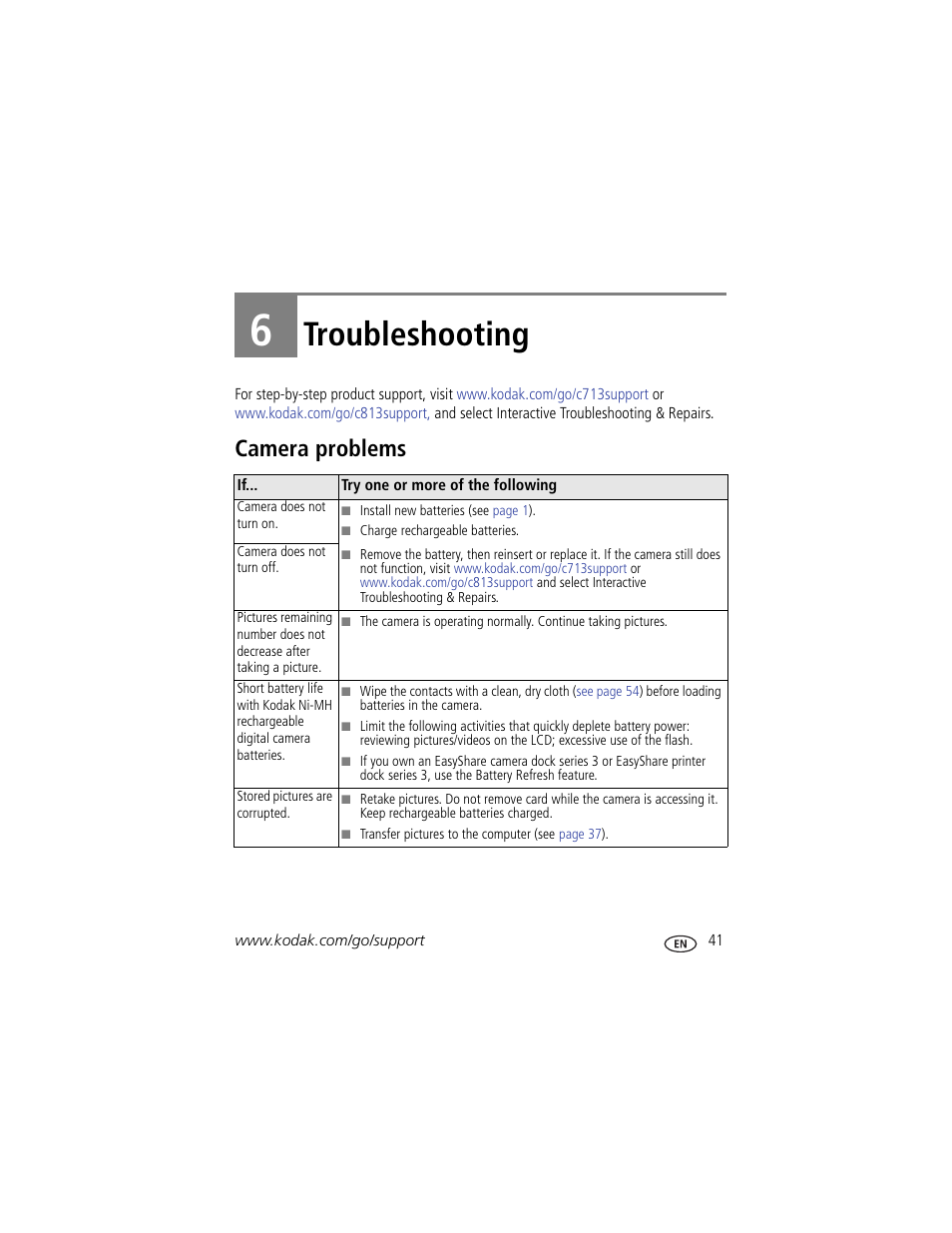 Troubleshooting, Camera problems, 6 troubleshooting | Kodak EASYSHARE C813 User Manual | Page 47 / 70