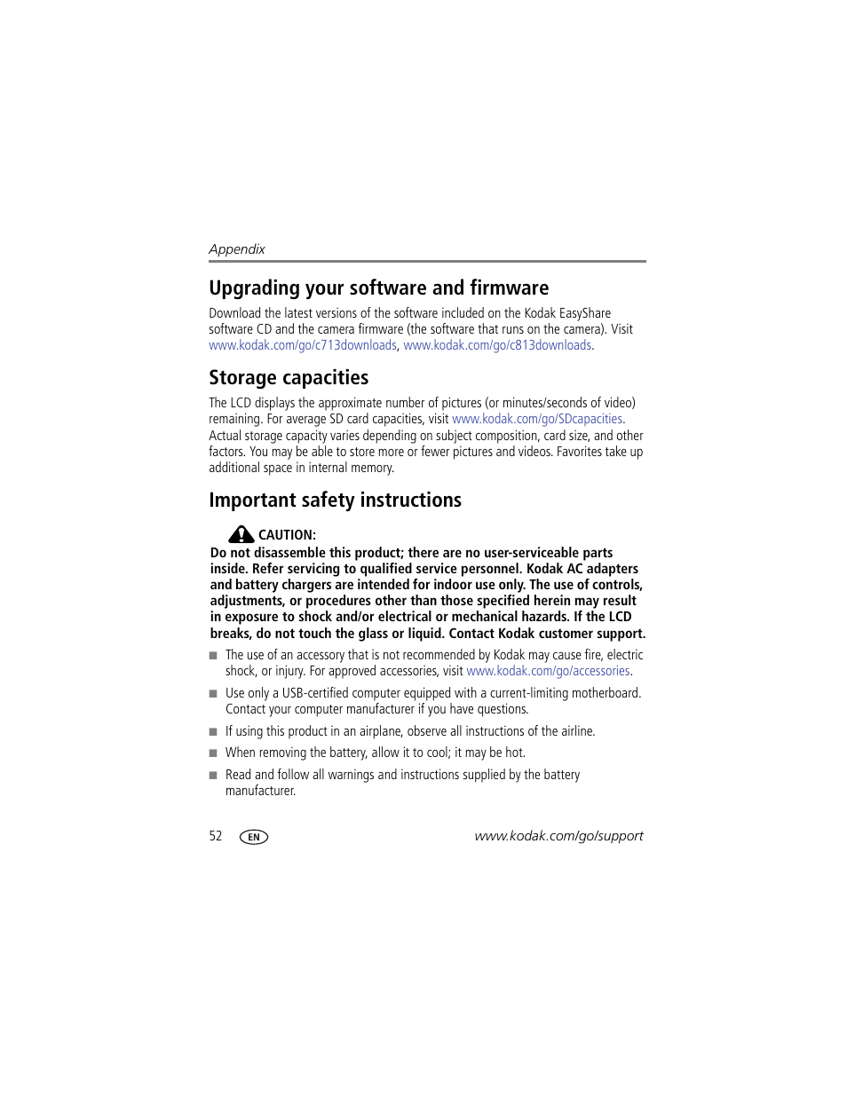 Upgrading your software and firmware, Storage capacities, Important safety instructions | Kodak EASYSHARE C813 User Manual | Page 58 / 70