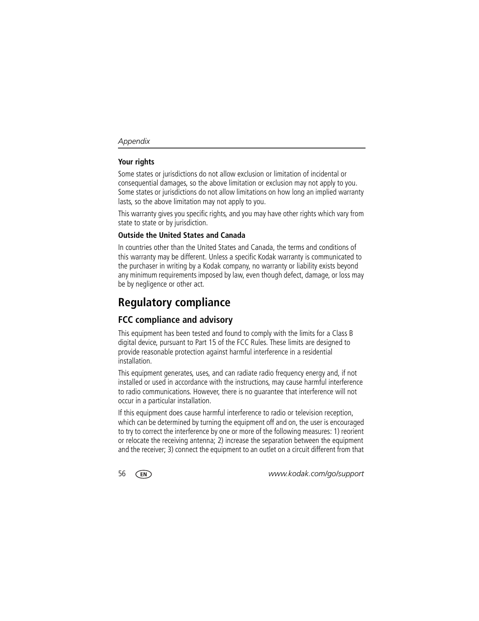 Regulatory compliance, Fcc compliance and advisory | Kodak EASYSHARE C813 User Manual | Page 62 / 70