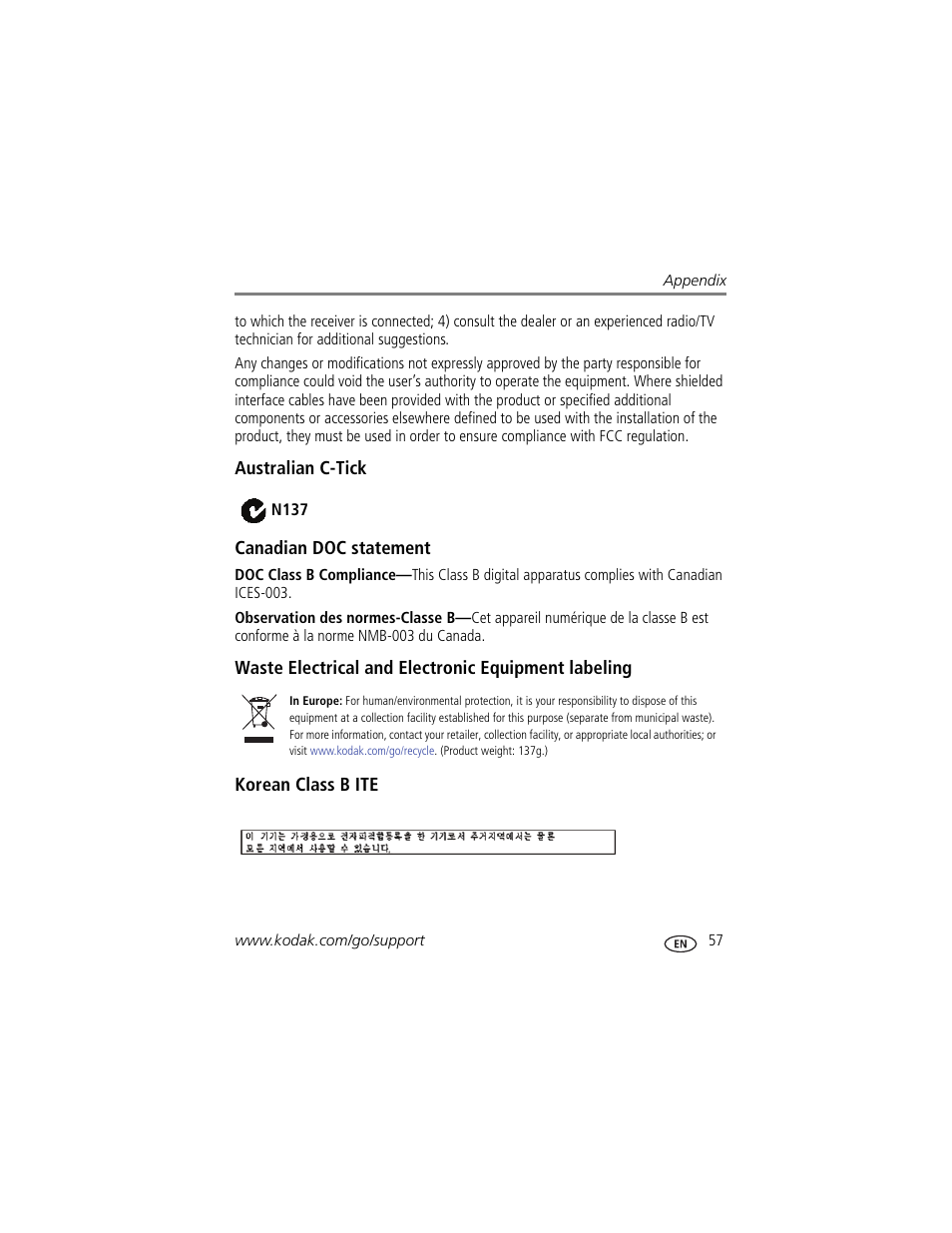 Australian c-tick, Canadian doc statement, Waste electrical and electronic equipment labeling | Korean class b ite | Kodak EASYSHARE C813 User Manual | Page 63 / 70