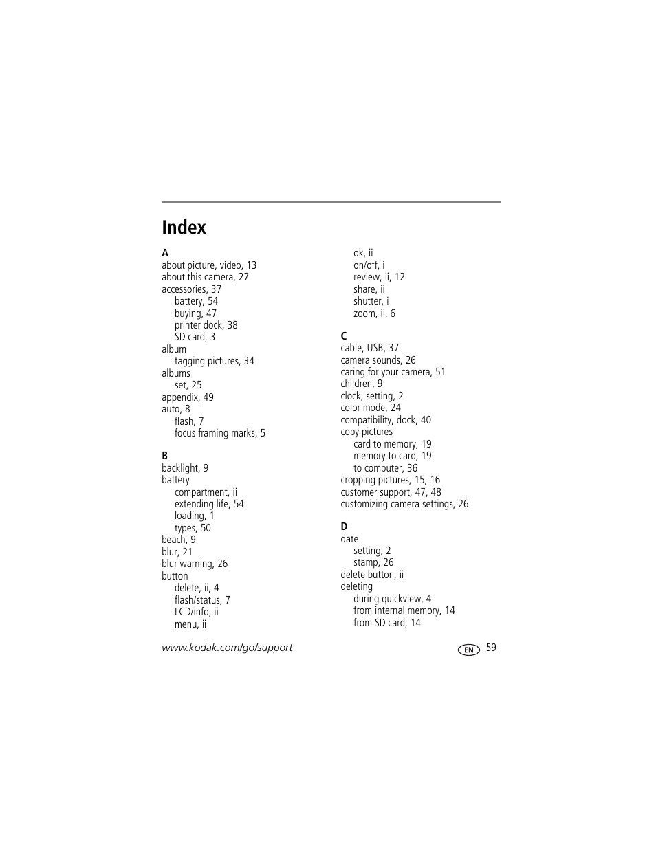 Index | Kodak EASYSHARE C813 User Manual | Page 65 / 70