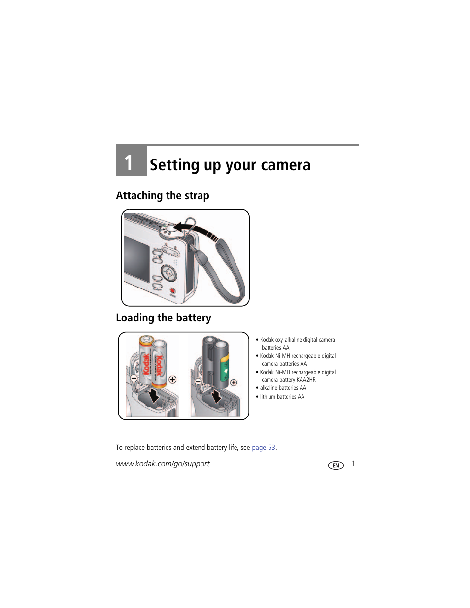 Setting up your camera, Attaching the strap, Loading the battery | 1 setting up your camera, Attaching the strap loading the battery | Kodak EASYSHARE C813 User Manual | Page 7 / 70