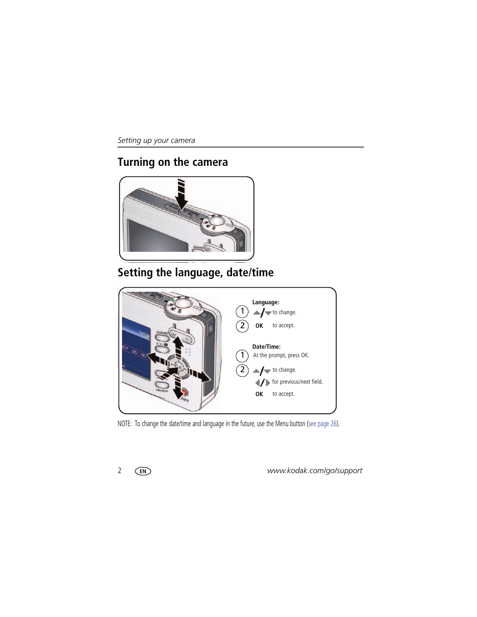 Turning on the camera, Setting the language, date/time | Kodak EASYSHARE C813 User Manual | Page 8 / 70