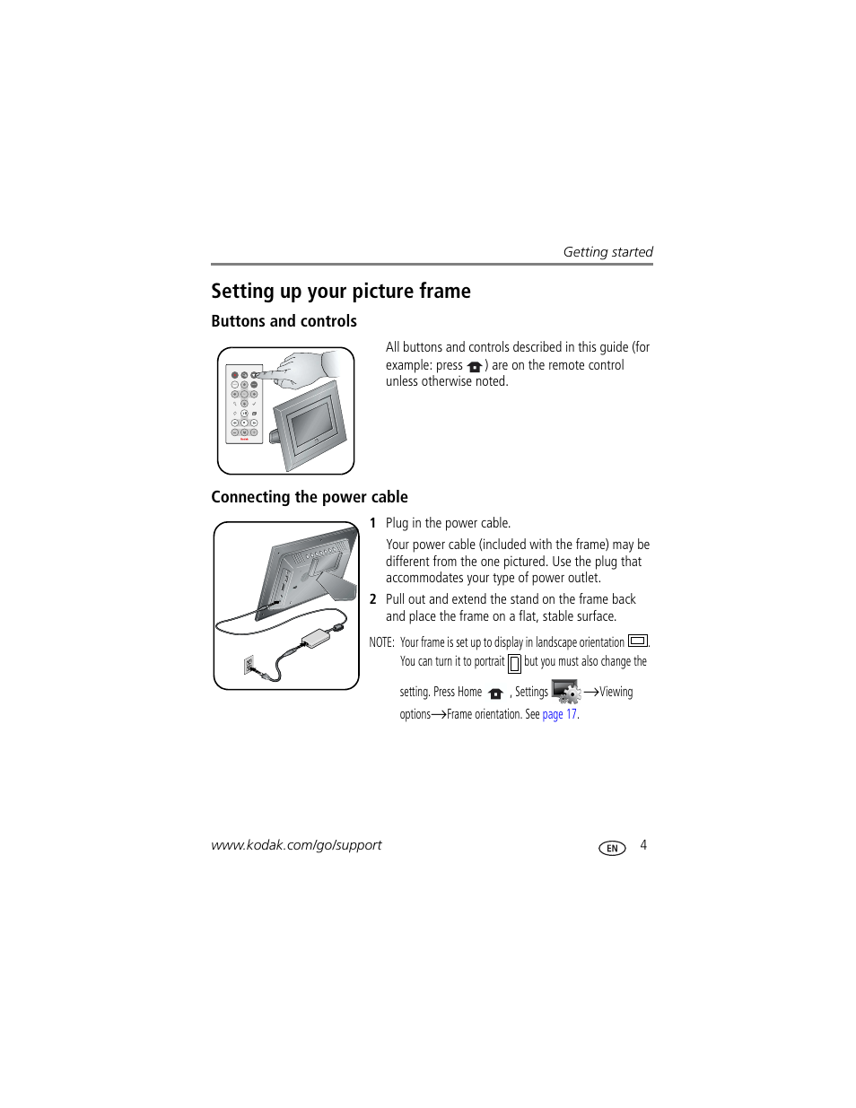 Setting up your picture frame, Buttons and controls, Connecting the power cable | Buttons and controls connecting the power cable | Kodak EX-811 User Manual | Page 11 / 53
