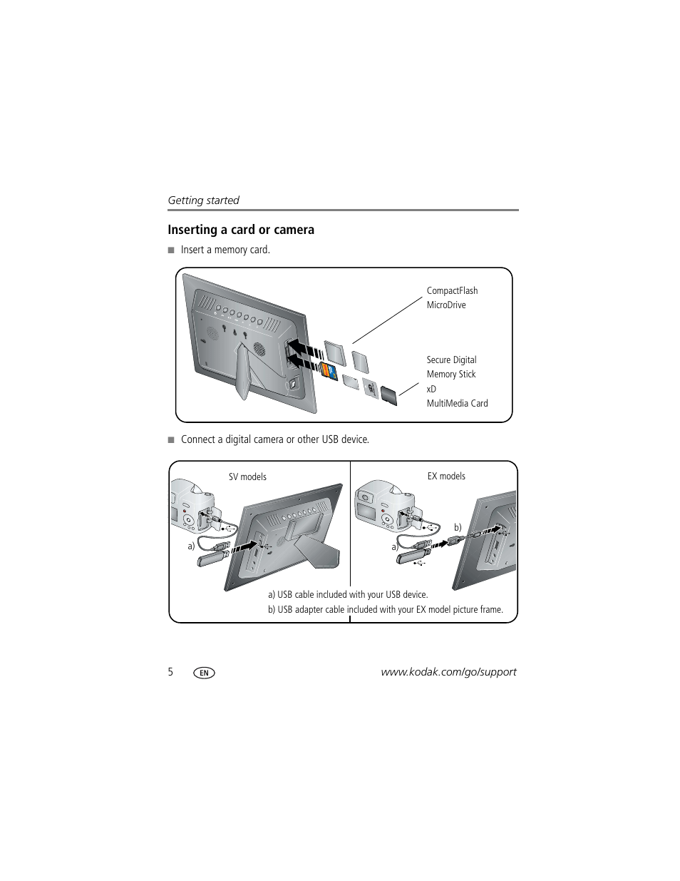 Inserting a card or camera | Kodak EX-811 User Manual | Page 12 / 53