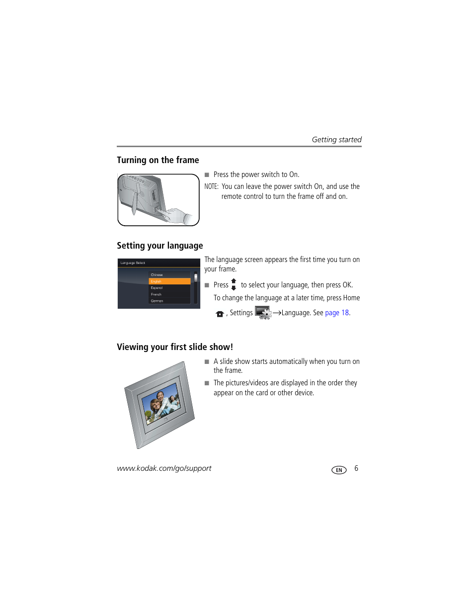 Turning on the frame, Setting your language, Viewing your first slide show | Kodak EX-811 User Manual | Page 13 / 53
