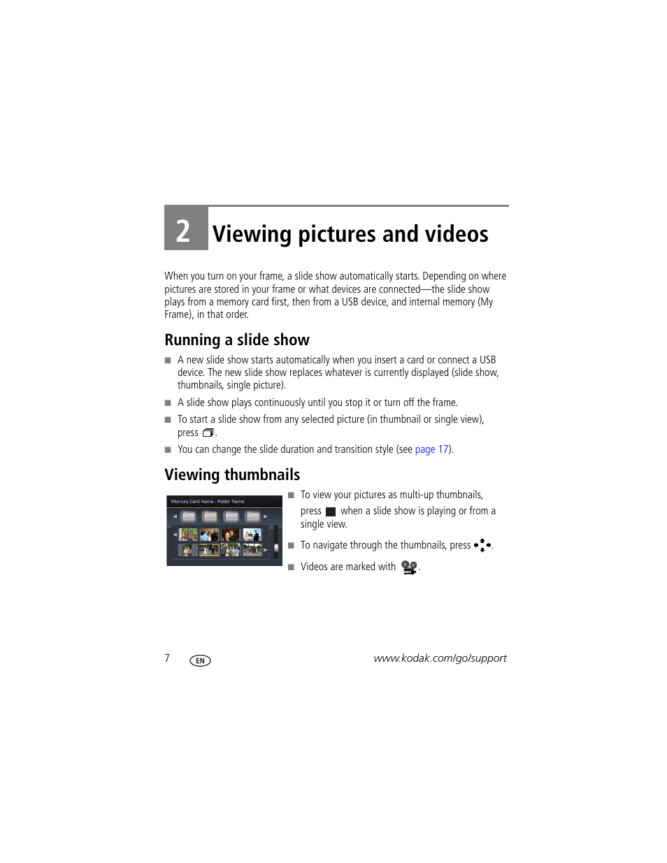 Viewing pictures and videos, Running a slide show, Viewing thumbnails | 2 viewing pictures and videos, Running a slide show viewing thumbnails | Kodak EX-811 User Manual | Page 14 / 53