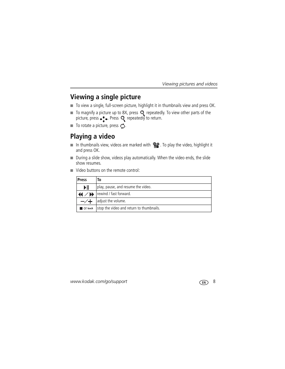 Viewing a single picture, Playing a video, Viewing a single picture playing a video | Kodak EX-811 User Manual | Page 15 / 53