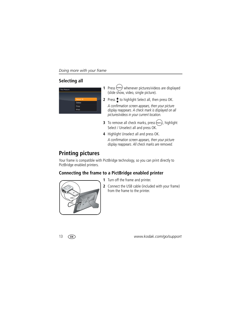 Selecting all, Printing pictures | Kodak EX-811 User Manual | Page 20 / 53