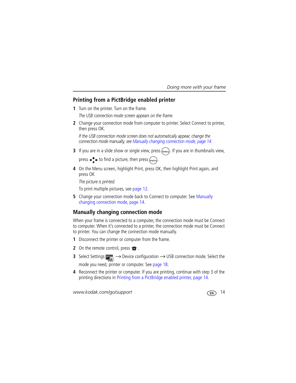Printing from a pictbridge enabled printer, Manually changing connection mode | Kodak EX-811 User Manual | Page 21 / 53