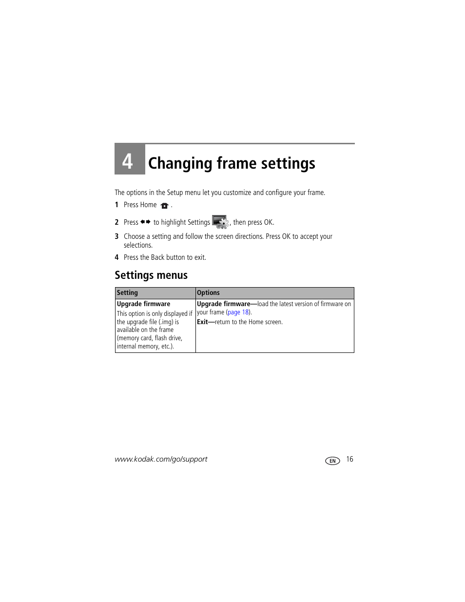 Changing frame settings, Settings menus, 4 changing frame settings | Kodak EX-811 User Manual | Page 23 / 53