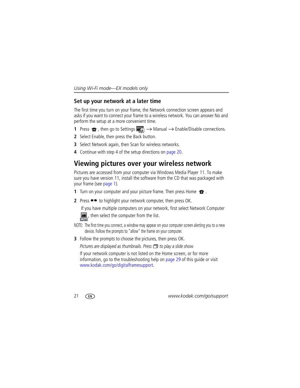 Set up your network at a later time, Viewing pictures over your wireless network | Kodak EX-811 User Manual | Page 28 / 53