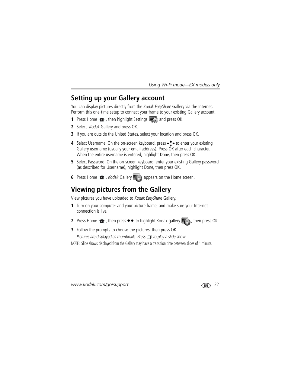 Setting up your gallery account, Viewing pictures from the gallery, The frame (see | Kodak EX-811 User Manual | Page 29 / 53