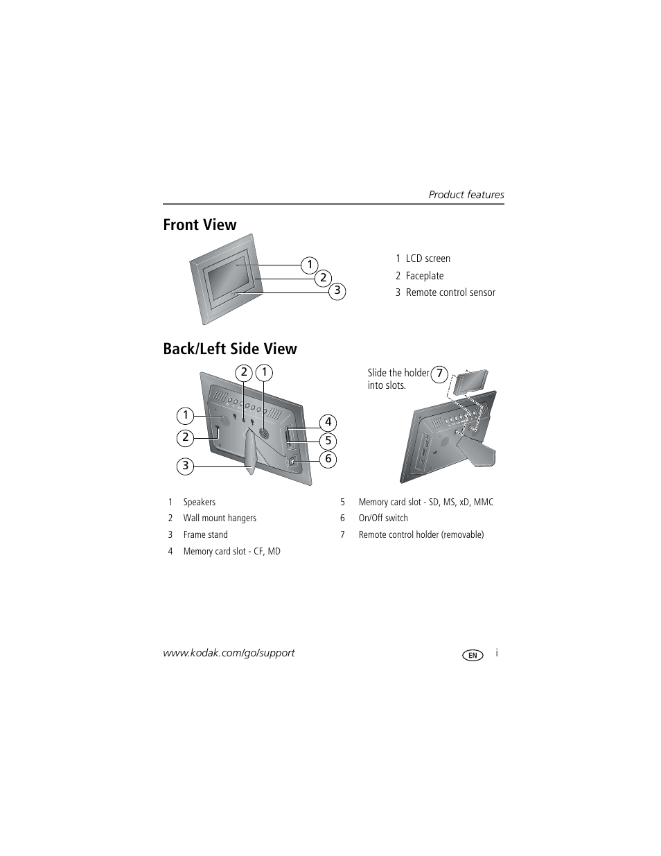 Product features, Front view back/left side view | Kodak EX-811 User Manual | Page 3 / 53