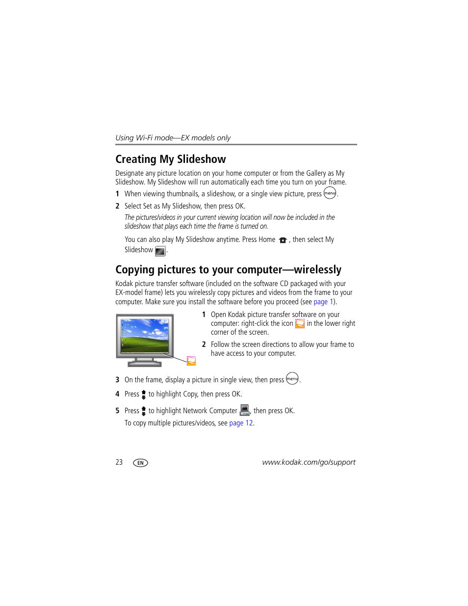 Creating my slideshow, Copying pictures to your computer-wirelessly, Uter (see | Copying pictures to your computer—wirelessly | Kodak EX-811 User Manual | Page 30 / 53
