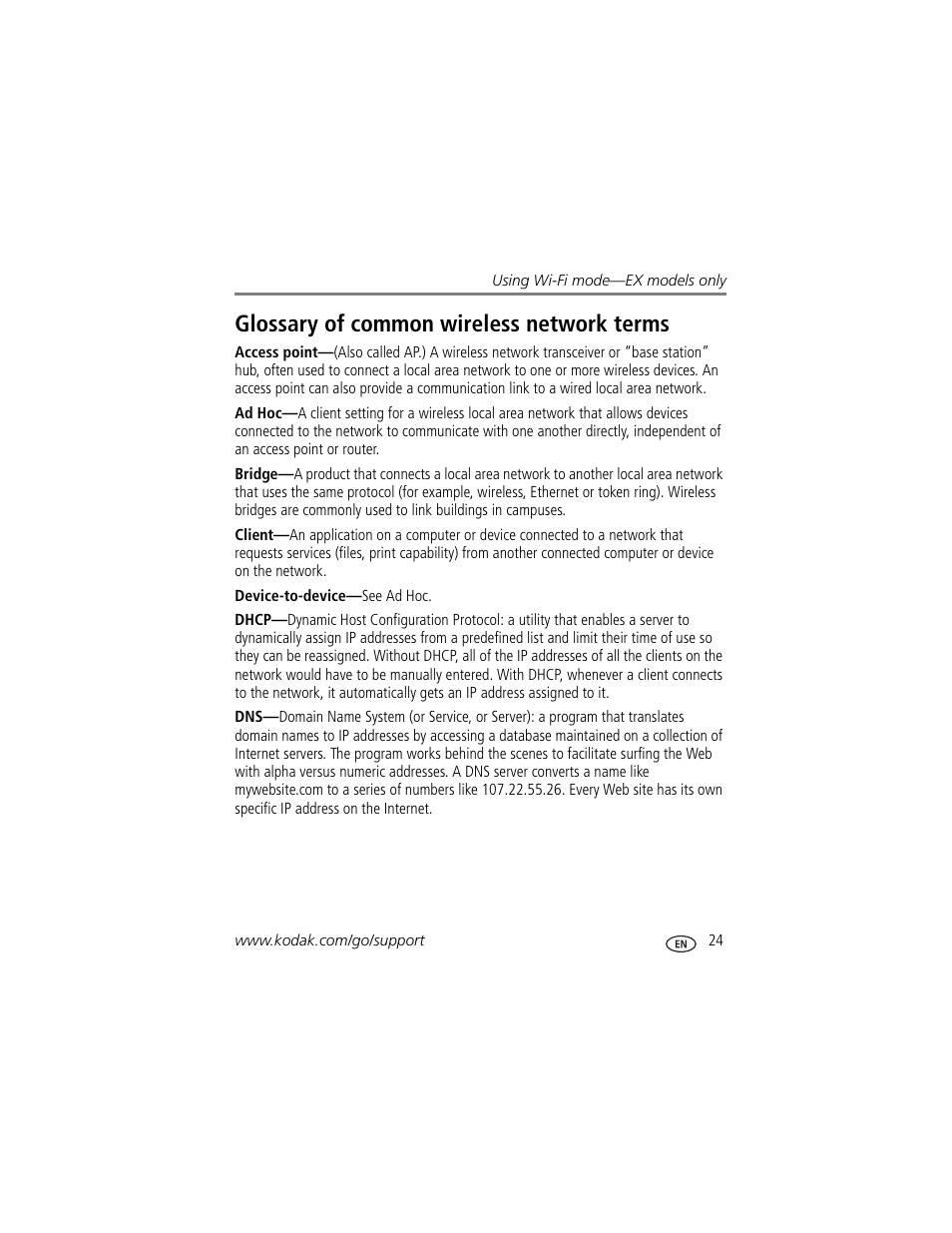 Glossary of common wireless network terms | Kodak EX-811 User Manual | Page 31 / 53