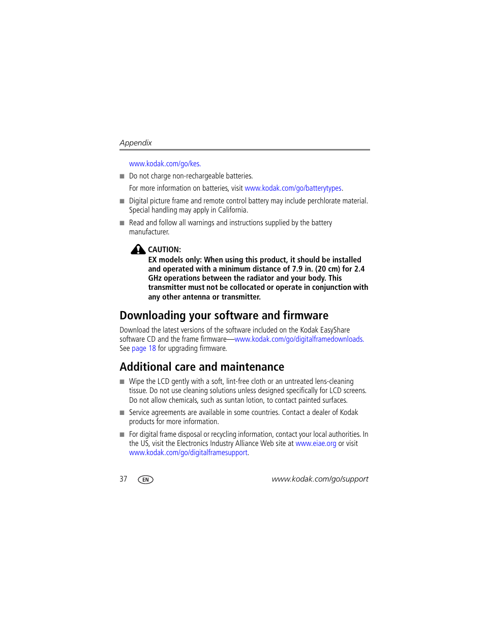 Downloading your software and firmware, Additional care and maintenance | Kodak EX-811 User Manual | Page 44 / 53