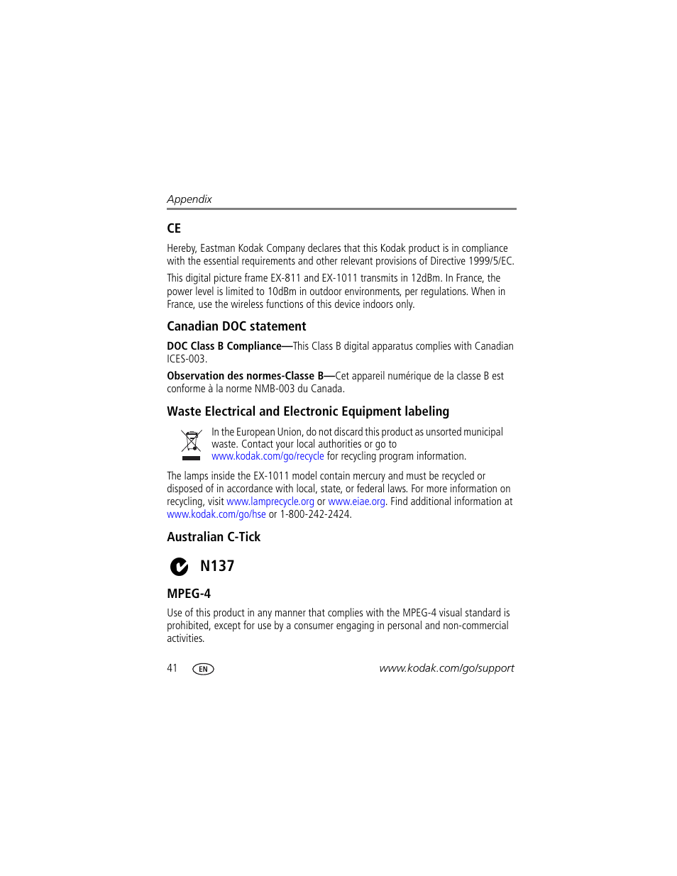 Canadian doc statement, Waste electrical and electronic equipment labeling, Australian c-tick | Mpeg-4, N137 | Kodak EX-811 User Manual | Page 48 / 53