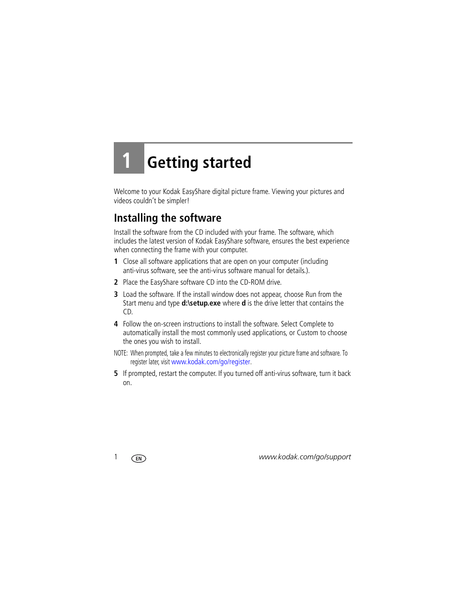 Getting started, Installing the software, 1 getting started | Kodak EX-811 User Manual | Page 8 / 53