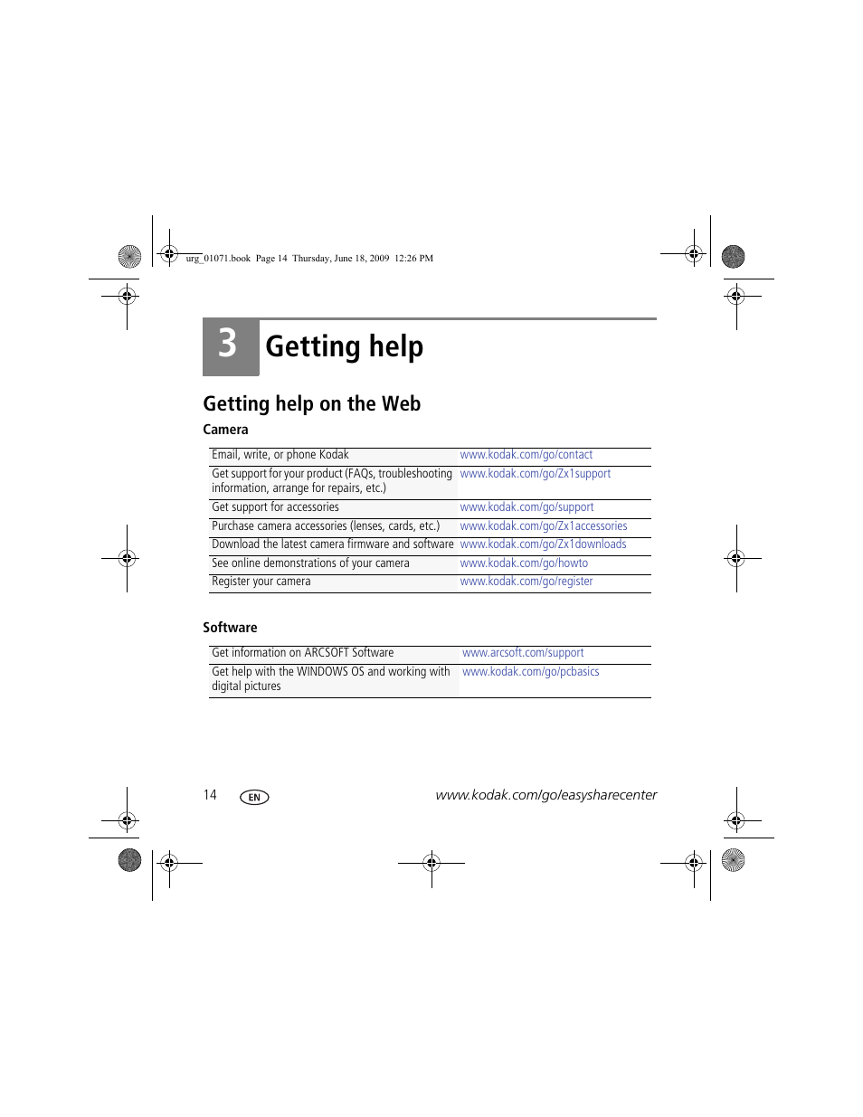 Getting help, Getting help on the web | Kodak Zx1 User Manual | Page 14 / 25