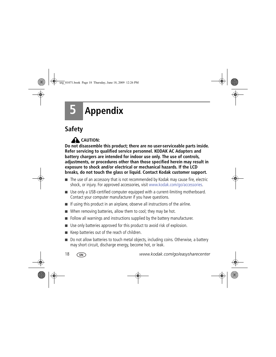 Appendix, Safety | Kodak Zx1 User Manual | Page 18 / 25