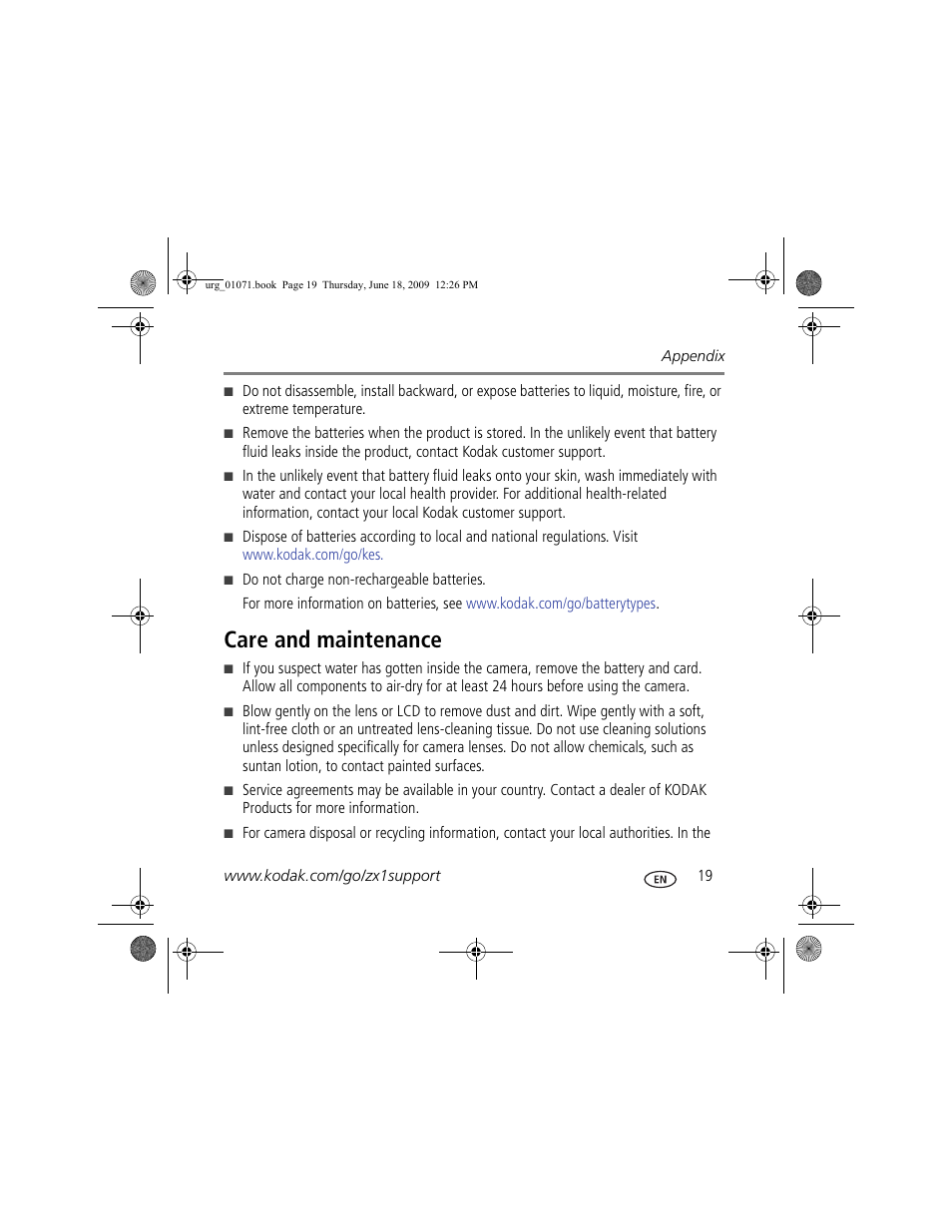 Care and maintenance | Kodak Zx1 User Manual | Page 19 / 25