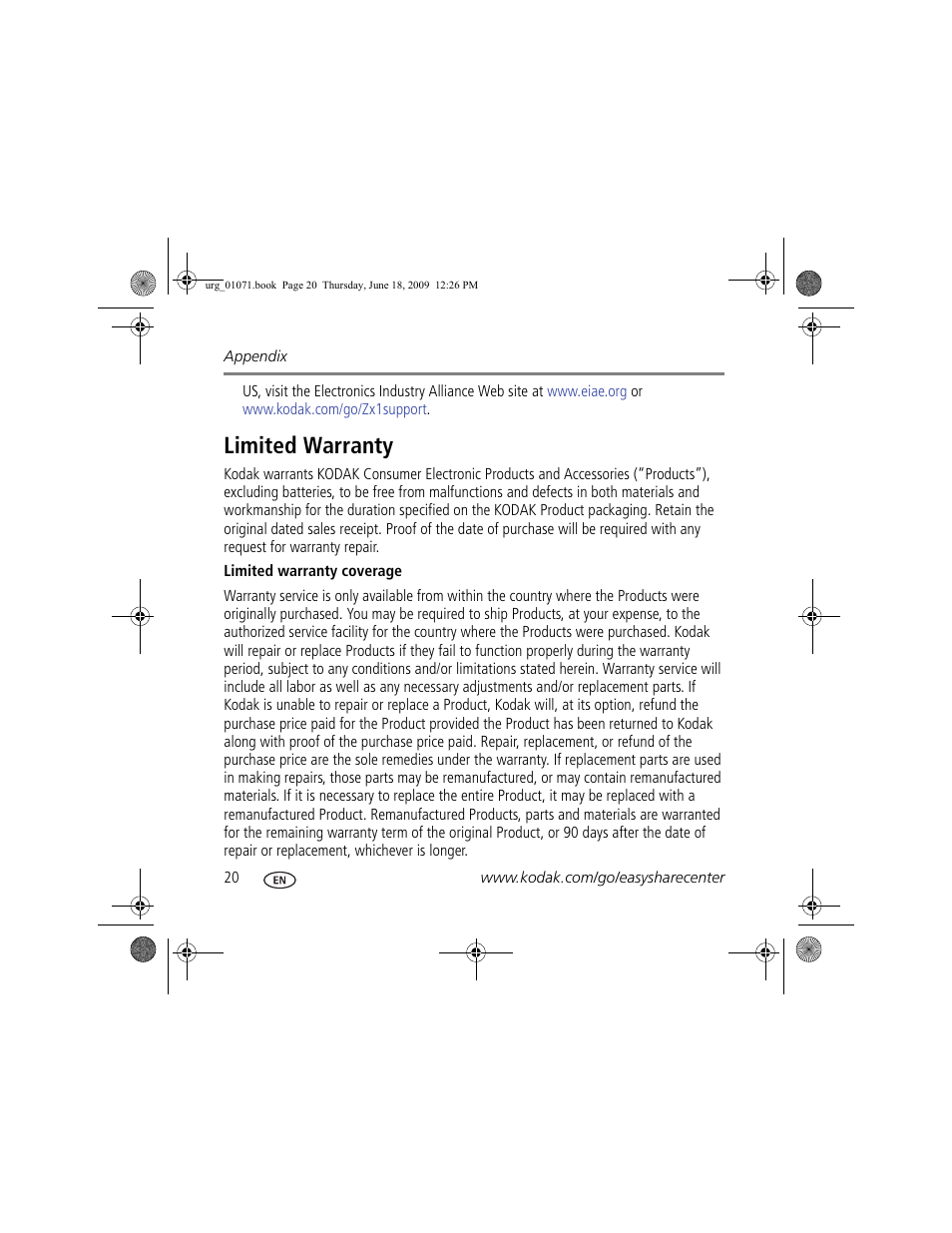 Limited warranty | Kodak Zx1 User Manual | Page 20 / 25